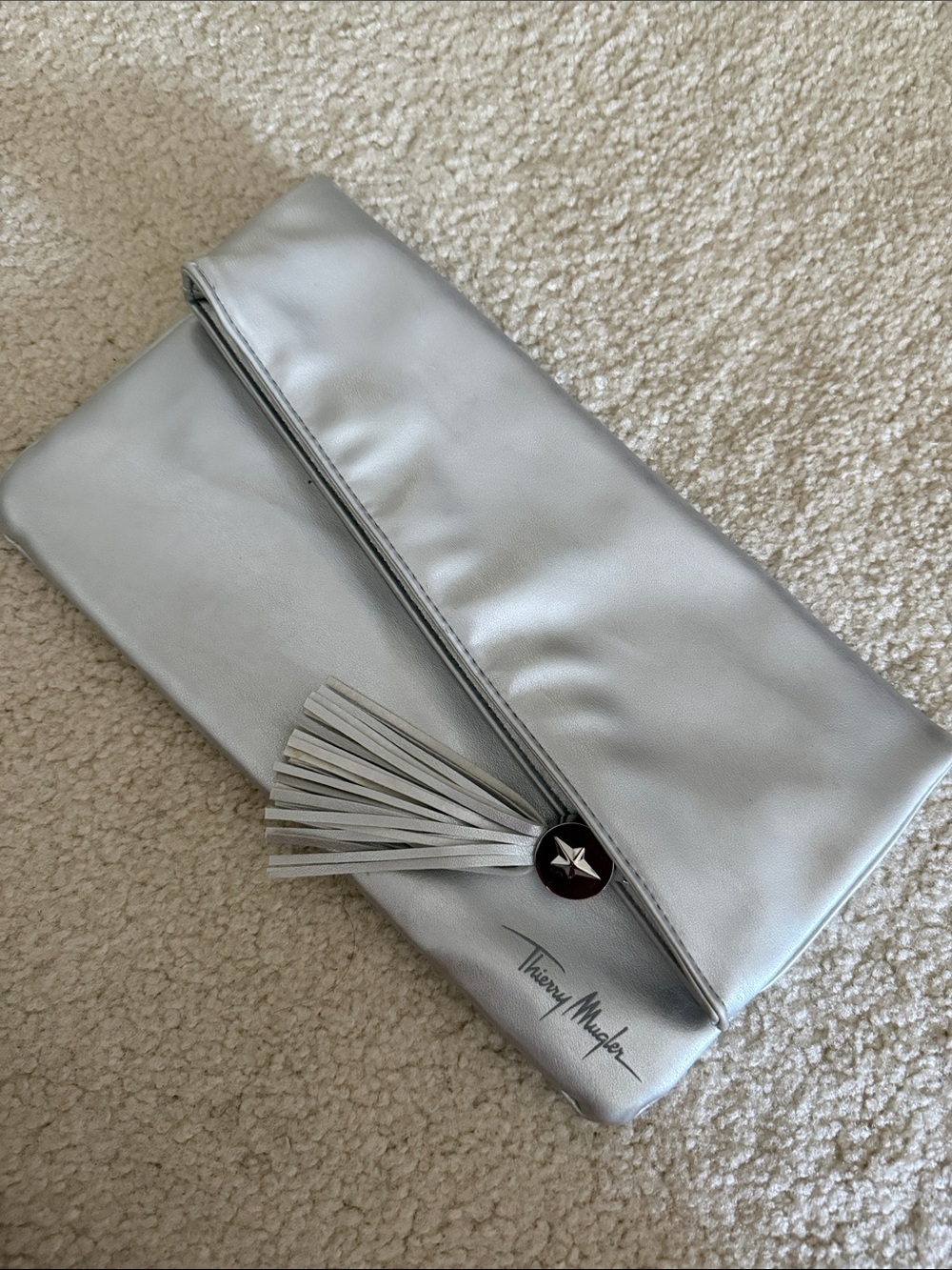 Thierry Mugler Metallic Silver Tassel Fold-Over Clutch